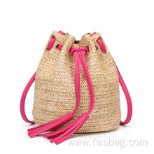 Fashion Design Dubai Beach Style Drawstring Closure PU Leather Handle Tassels Ladies Women Beach Bag Straw Handbags